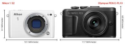 Größenvergleich: Nikon 1 S2 vs. OM System PEN E-PL10