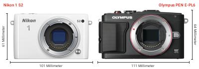 Größenvergleich: Nikon 1 S2 vs. OM System PEN E-PL6 Größenvergleich: Nikon 1 S2 vs. OM System PEN E-PL6
