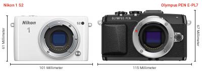 Größenvergleich: Nikon 1 S2 vs. OM System PEN E-PL7 Größenvergleich: Nikon 1 S2 vs. OM System PEN E-PL7