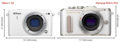 Größenvergleich: Nikon 1 S2 vs. OM System PEN E-PL8 Größenvergleich: Nikon 1 S2 vs. OM System PEN E-PL8
