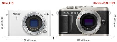 Größenvergleich: Nikon 1 S2 vs. OM System PEN E-PL9