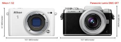 Größenvergleich: Nikon 1 S2 vs. Panasonic Lumix DMC-GF7 Größenvergleich: Nikon 1 S2 vs. Panasonic Lumix DMC-GF7