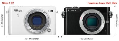 Größenvergleich: Nikon 1 S2 vs. Panasonic Lumix DMC-GM5 Größenvergleich: Nikon 1 S2 vs. Panasonic Lumix DMC-GM5