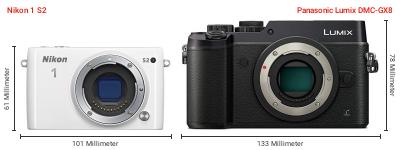 Größenvergleich: Nikon 1 S2 vs. Panasonic Lumix DMC-GX8 Größenvergleich: Nikon 1 S2 vs. Panasonic Lumix DMC-GX8