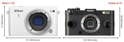 Größenvergleich: Nikon 1 S2 vs. Pentax Q-S1 Größenvergleich: Nikon 1 S2 vs. Pentax Q-S1