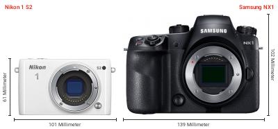 Größenvergleich: Nikon 1 S2 vs. Samsung NX1 Größenvergleich: Nikon 1 S2 vs. Samsung NX1
