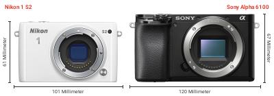 Größenvergleich: Nikon 1 S2 vs. Sony Alpha 6100 Größenvergleich: Nikon 1 S2 vs. Sony Alpha 6100