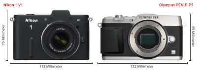 Größenvergleich: Nikon 1 V1 vs. OM System PEN E-P5 Größenvergleich: Nikon 1 V1 vs. OM System PEN E-P5
