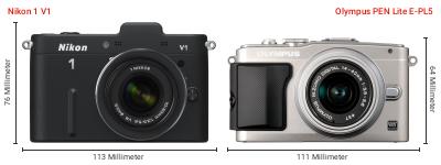 Größenvergleich: Nikon 1 V1 vs. OM System PEN Lite E-PL5 Größenvergleich: Nikon 1 V1 vs. OM System PEN Lite E-PL5