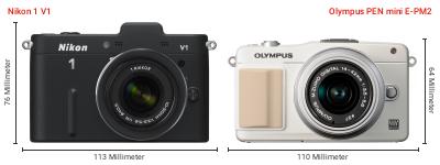 Größenvergleich: Nikon 1 V1 vs. OM System PEN mini E-PM2 Größenvergleich: Nikon 1 V1 vs. OM System PEN mini E-PM2