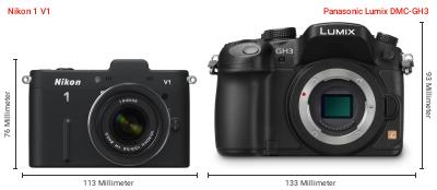 Größenvergleich: Nikon 1 V1 vs. Panasonic Lumix DMC-GH3 Größenvergleich: Nikon 1 V1 vs. Panasonic Lumix DMC-GH3