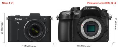 Größenvergleich: Nikon 1 V1 vs. Panasonic Lumix DMC-GH4 Größenvergleich: Nikon 1 V1 vs. Panasonic Lumix DMC-GH4