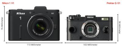 Größenvergleich: Nikon 1 V1 vs. Pentax Q-S1 Größenvergleich: Nikon 1 V1 vs. Pentax Q-S1