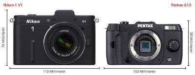 Größenvergleich: Nikon 1 V1 vs. Pentax Q10 Größenvergleich: Nikon 1 V1 vs. Pentax Q10