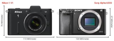 Größenvergleich: Nikon 1 V1 vs. Sony Alpha 6000 Größenvergleich: Nikon 1 V1 vs. Sony Alpha 6000