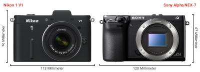 Größenvergleich: Nikon 1 V1 vs. Sony Alpha NEX-7 Größenvergleich: Nikon 1 V1 vs. Sony Alpha NEX-7