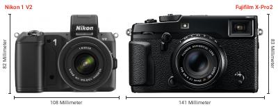 Größenvergleich: Nikon 1 V2 vs. Fujifilm X-Pro2 Größenvergleich: Nikon 1 V2 vs. Fujifilm X-Pro2
