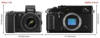 Größenvergleich: Nikon 1 V2 vs. Fujifilm X-Pro3 Größenvergleich: Nikon 1 V2 vs. Fujifilm X-Pro3