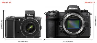 Größenvergleich: Nikon 1 V2 vs. Nikon Z6 III Größenvergleich: Nikon 1 V2 vs. Nikon Z6 III