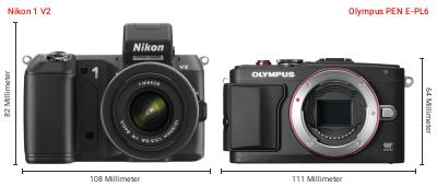 Größenvergleich: Nikon 1 V2 vs. OM System PEN E-PL6 Größenvergleich: Nikon 1 V2 vs. OM System PEN E-PL6