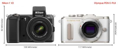 Größenvergleich: Nikon 1 V2 vs. OM System PEN E-PL8
