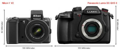 Größenvergleich: Nikon 1 V2 vs. Panasonic Lumix DC-GH5 II Größenvergleich: Nikon 1 V2 vs. Panasonic Lumix DC-GH5 II