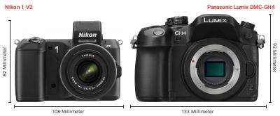 Größenvergleich: Nikon 1 V2 vs. Panasonic Lumix DMC-GH4 Größenvergleich: Nikon 1 V2 vs. Panasonic Lumix DMC-GH4