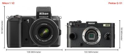 Größenvergleich: Nikon 1 V2 vs. Pentax Q-S1 Größenvergleich: Nikon 1 V2 vs. Pentax Q-S1