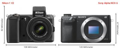 Größenvergleich: Nikon 1 V2 vs. Sony Alpha NEX-6 Größenvergleich: Nikon 1 V2 vs. Sony Alpha NEX-6