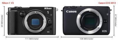 Größenvergleich: Nikon 1 V3 vs. Canon EOS M10 Größenvergleich: Nikon 1 V3 vs. Canon EOS M10