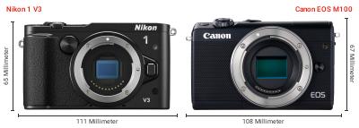 Größenvergleich: Nikon 1 V3 vs. Canon EOS M100 Größenvergleich: Nikon 1 V3 vs. Canon EOS M100