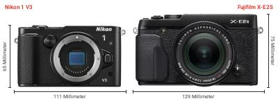Größenvergleich: Nikon 1 V3 vs. Fujifilm X-E2S Größenvergleich: Nikon 1 V3 vs. Fujifilm X-E2S