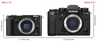 Größenvergleich: Nikon 1 V3 vs. Fujifilm X-T3 Größenvergleich: Nikon 1 V3 vs. Fujifilm X-T3