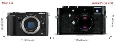 Größenvergleich: Nikon 1 V3 vs. Leica M-P (Typ 240) Größenvergleich: Nikon 1 V3 vs. Leica M-P (Typ 240)