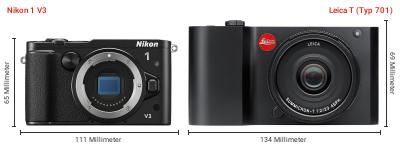Größenvergleich: Nikon 1 V3 vs. Leica T (Typ 701) Größenvergleich: Nikon 1 V3 vs. Leica T (Typ 701)