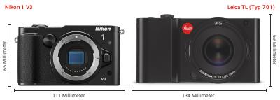 Größenvergleich: Nikon 1 V3 vs. Leica TL (Typ 701) Größenvergleich: Nikon 1 V3 vs. Leica TL (Typ 701)