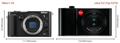 Größenvergleich: Nikon 1 V3 vs. Leica TL2 (Typ 5370) Größenvergleich: Nikon 1 V3 vs. Leica TL2 (Typ 5370)