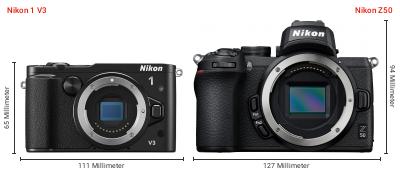 Größenvergleich: Nikon 1 V3 vs. Nikon Z50 Größenvergleich: Nikon 1 V3 vs. Nikon Z50