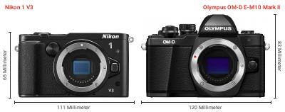 Größenvergleich: Nikon 1 V3 vs. OM System OM-D E-M10 Mark II Größenvergleich: Nikon 1 V3 vs. OM System OM-D E-M10 Mark II