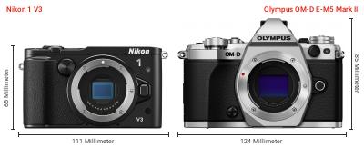 Größenvergleich: Nikon 1 V3 vs. OM System OM-D E-M5 Mark II Größenvergleich: Nikon 1 V3 vs. OM System OM-D E-M5 Mark II