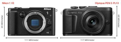 Größenvergleich: Nikon 1 V3 vs. OM System PEN E-PL10 Größenvergleich: Nikon 1 V3 vs. OM System PEN E-PL10