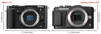Größenvergleich: Nikon 1 V3 vs. OM System PEN E-PL6 Größenvergleich: Nikon 1 V3 vs. OM System PEN E-PL6