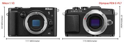 Größenvergleich: Nikon 1 V3 vs. OM System PEN E-PL7 Größenvergleich: Nikon 1 V3 vs. OM System PEN E-PL7