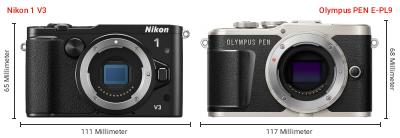 Größenvergleich: Nikon 1 V3 vs. OM System PEN E-PL9 Größenvergleich: Nikon 1 V3 vs. OM System PEN E-PL9