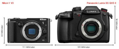 Größenvergleich: Nikon 1 V3 vs. Panasonic Lumix DC-GH5 II