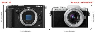 Größenvergleich: Nikon 1 V3 vs. Panasonic Lumix DMC-GF7 Größenvergleich: Nikon 1 V3 vs. Panasonic Lumix DMC-GF7