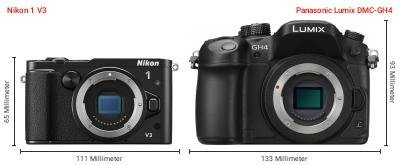 Größenvergleich: Nikon 1 V3 vs. Panasonic Lumix DMC-GH4 Größenvergleich: Nikon 1 V3 vs. Panasonic Lumix DMC-GH4
