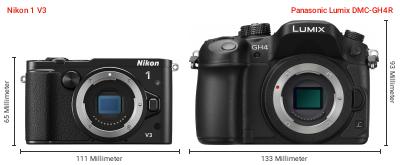 Größenvergleich: Nikon 1 V3 vs. Panasonic Lumix DMC-GH4R Größenvergleich: Nikon 1 V3 vs. Panasonic Lumix DMC-GH4R