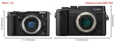 Größenvergleich: Nikon 1 V3 vs. Panasonic Lumix DMC-GX8