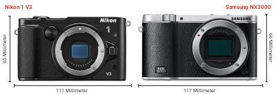 Größenvergleich: Nikon 1 V3 vs. Samsung NX3000 Größenvergleich: Nikon 1 V3 vs. Samsung NX3000